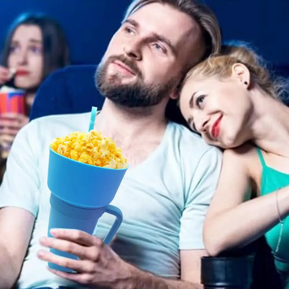 Creative 2 In 1 Drink Cup Snack Bowl Splash Proof Portable Stadium Tumbler Popcorn Juice Straw Cup with Handle Adults Cinema