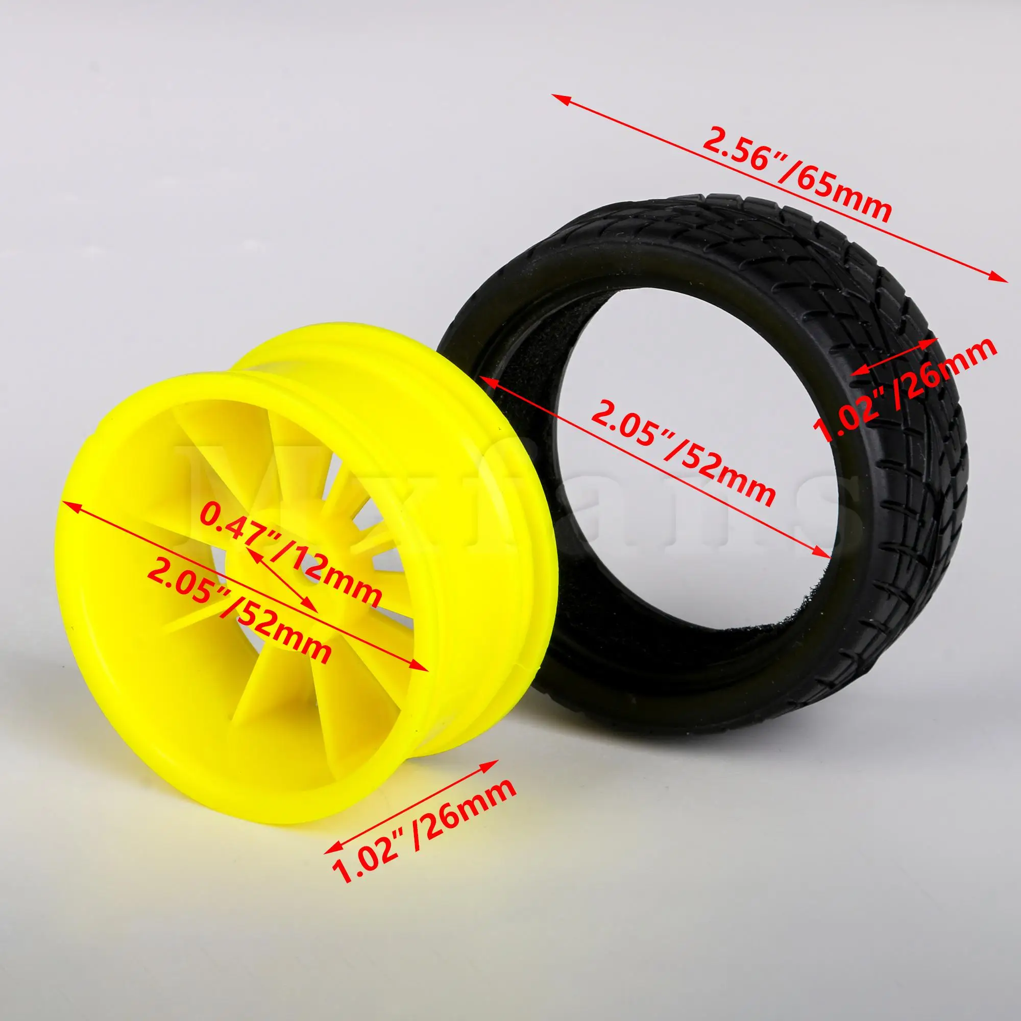 4 Black Rubber Tires & 4 Yellow Wheel Rims RC1:10 On Road Car 52x26mm images - 6