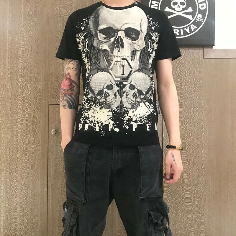 

2022 plein Trendy brand short sleeve t-shirt men's pp skull head printing heavy industry hot drill summer European and American