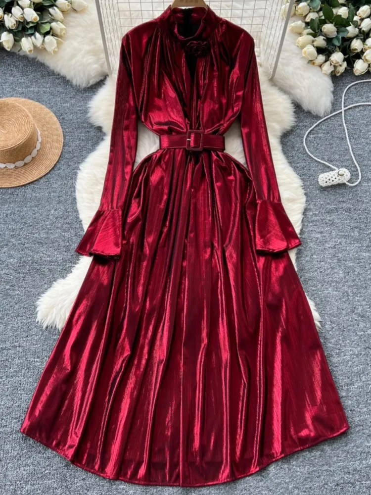 Осеннее винтажное плиссированное женское длинное платье элегантное однотонное