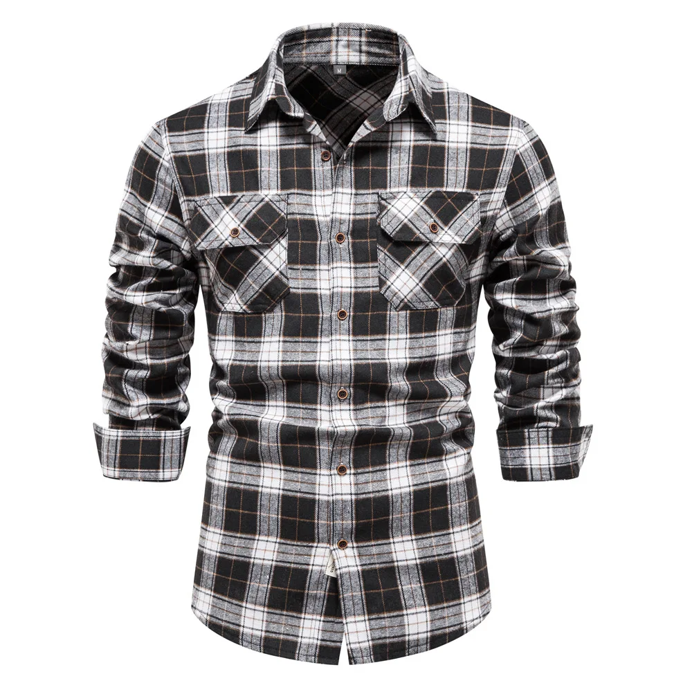 Double Pocket Flannel Men Plaid Shirts Long Sleeve Social Business Shirts for Men Autumn Fashion Checkered Shirts Men MCL367