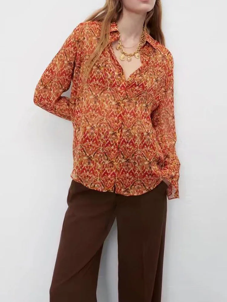 

Women 2022 spring New Fashion printing Blouses Vintage Long Sleeve Button-up Female Shirts Blusas Chic Tops