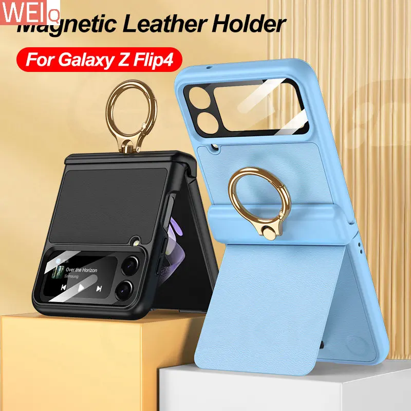 

For Samsung Galaxy Z Flip 4 Case Leather Stand Magnetic Hinge All-included Back Film Cover For Galaxy Z Flip4 Holder Case