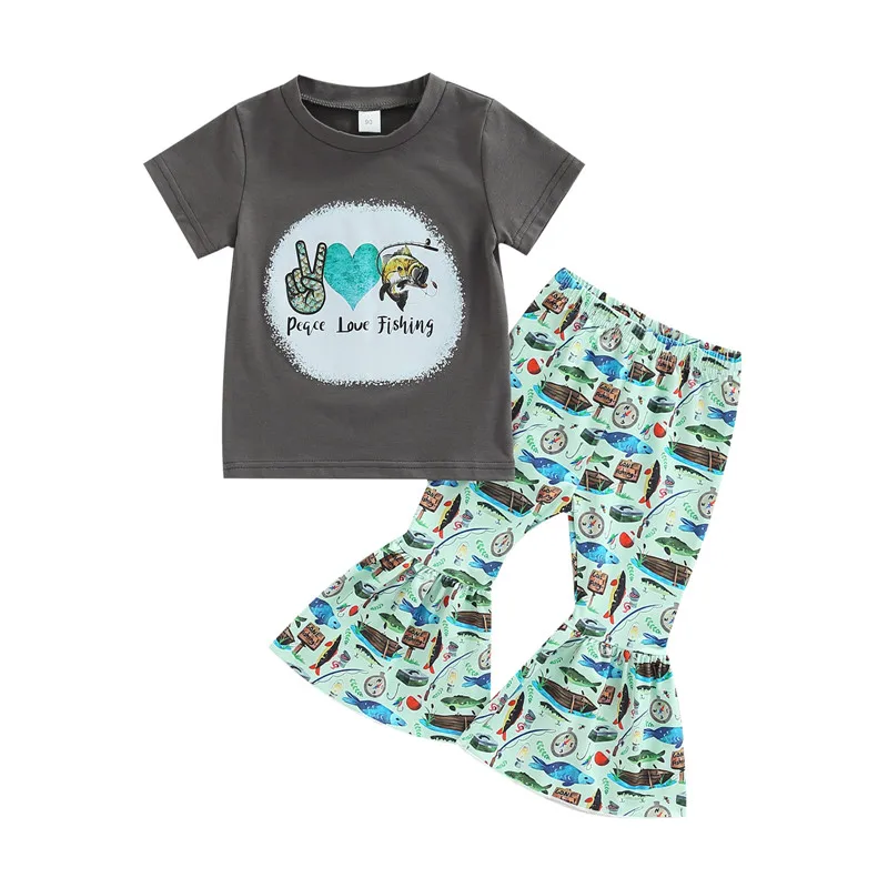 

Toddler Kids Girls 2 Pieces Outfits 1-6 Years Letter Print Short Sleeve Round Neck T-Shirt Tops + Fish Print Flare Pants Set