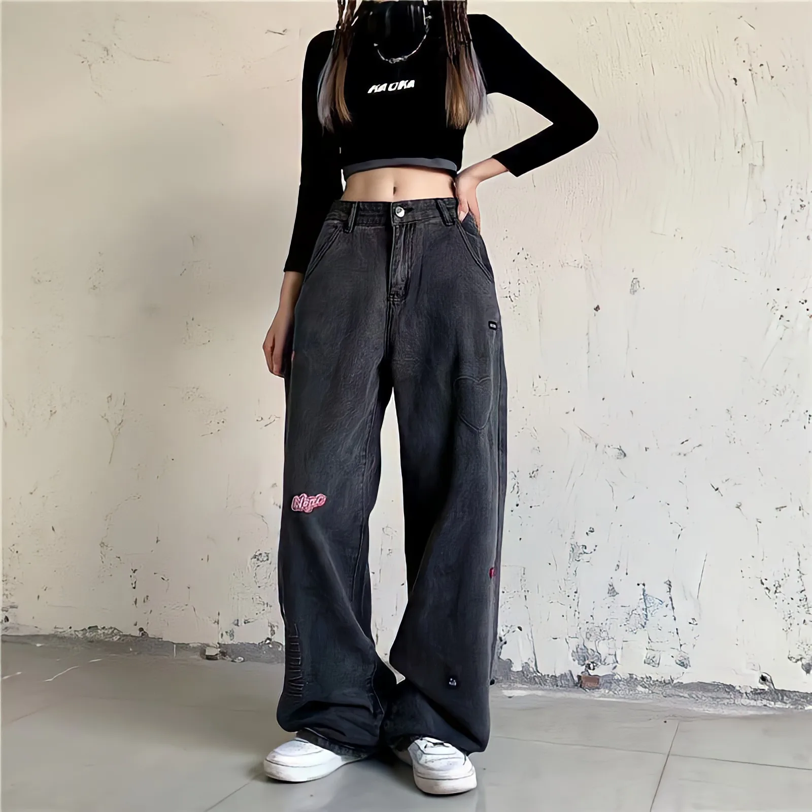 

Dark Grey Women Loose Jeans Heart Embroidery Y2k Streetwear High Waist Vintage Straight Wide Leg Pants