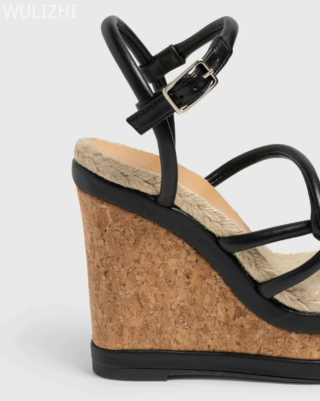 Wood Pattern Black Cross Strap Wedge Sandals Ladies Sexy Open Heel Slingback Buckle Design Round Toe Low Platform Gladiator Shoe