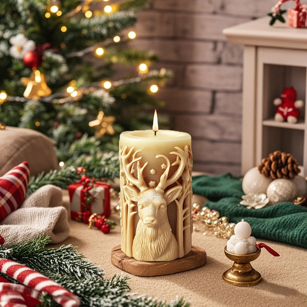 Зимняя рождественская свеча с изображением лося цилиндрическая для
