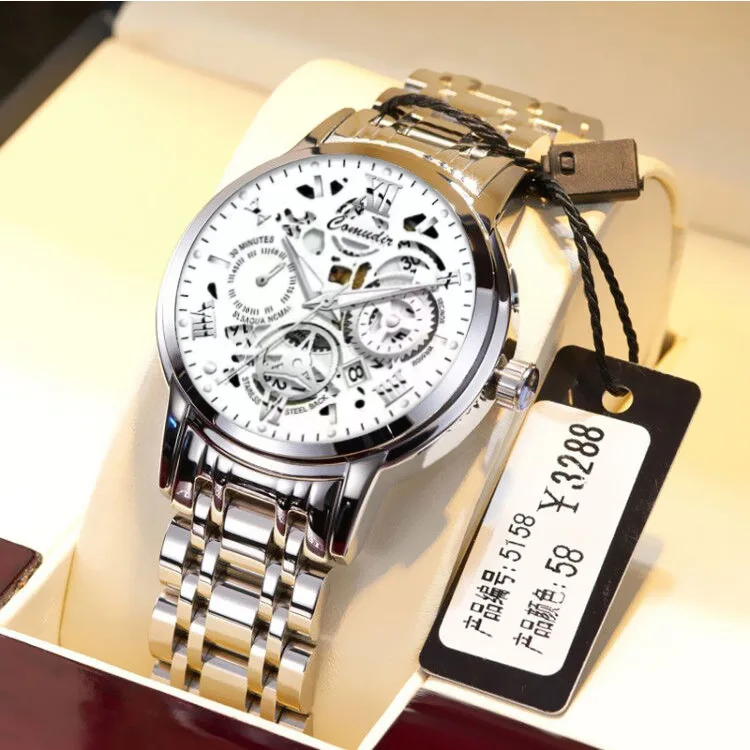 Hollow Out Men's Watch Waterproof Glow Calendar Quartz Fully Automatic Mechanical Watch  Business Gift for Husband or Boyfriend