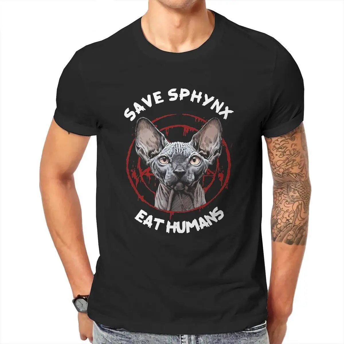Cool Save Sphynx Eat Human  T-Shirt for Men Round Neck Cotton T Shirts Satan Metal Cat Short Sleeve Tees Gift Idea Tops