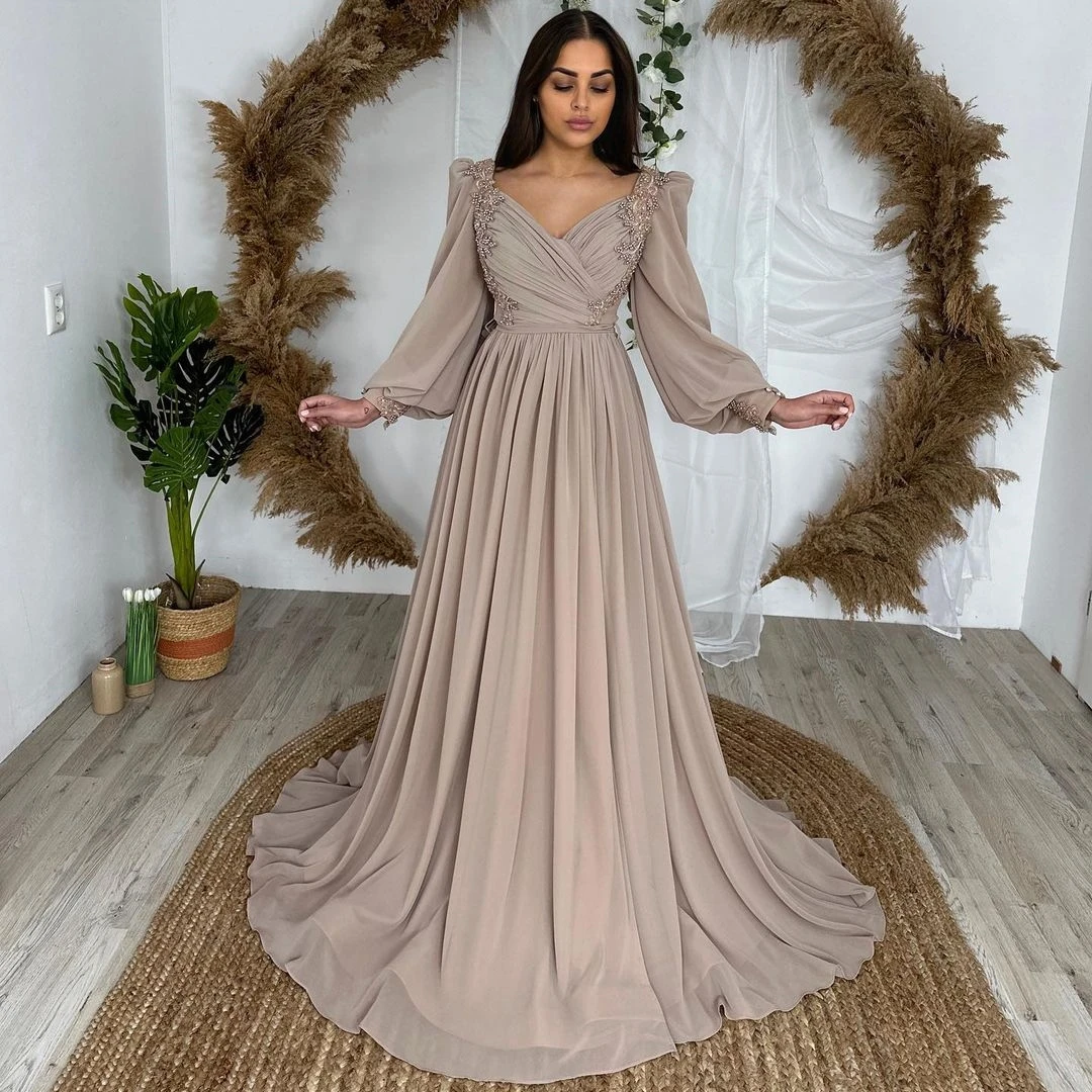 

VD Custom Made Beaded Square Neck Evening Dresses Dubai Women Long Sleeves Prom Dress Ruched Chiffon Wedding Party Bride Gowns