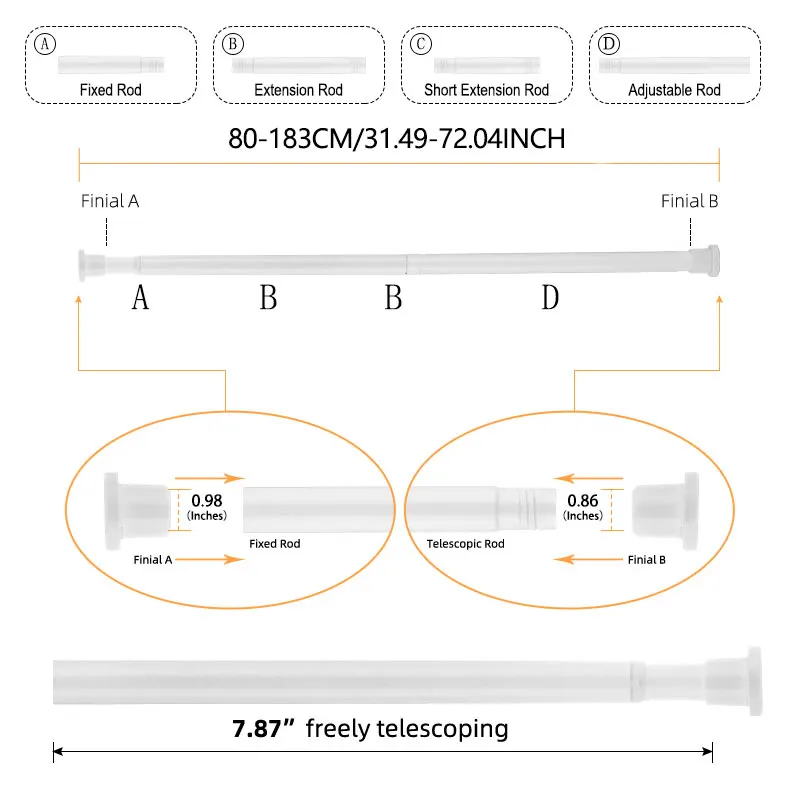 

Телескопическая штанга из нержавеющей стали для душевой занавески 80-240 см