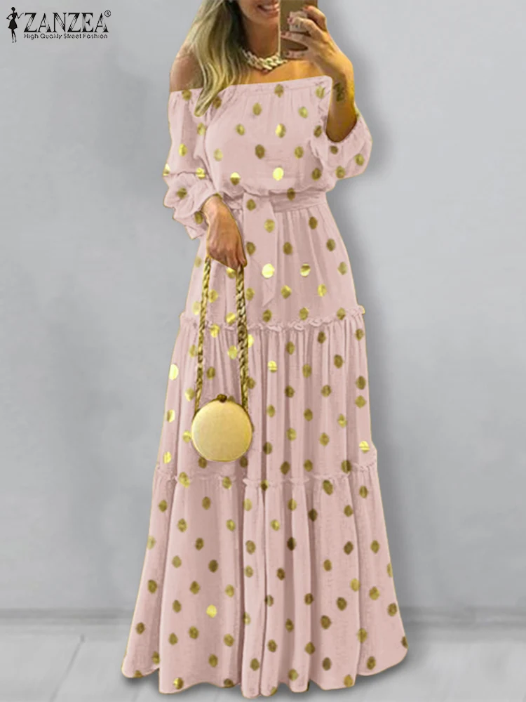 

Casual Chic Holiday Maxi Dresses ZANZEA Party Elegant Ruffle Vestidos 2022 Spring Long Sleeve Robe Women Sexy Off Shoulder Dress