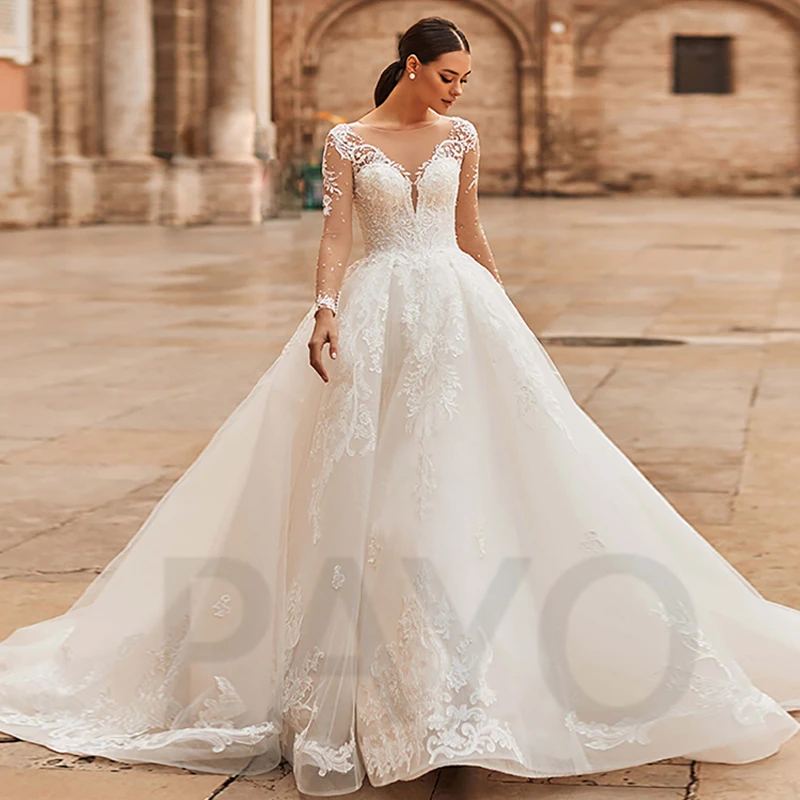 

Luxury Wedding Dress Exquisite Appliques Beading Crystal O-Neck Elegant Lace Up Princess Mopping Gown Vestido De Novia Women