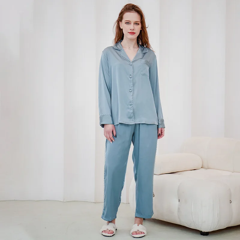 

Fdfklak Women's 100% Viscose Pajamas Spring Thin Long Sleeve Trousers Cardigan Lapel Loose Loungewear Solid Color Pijamas
