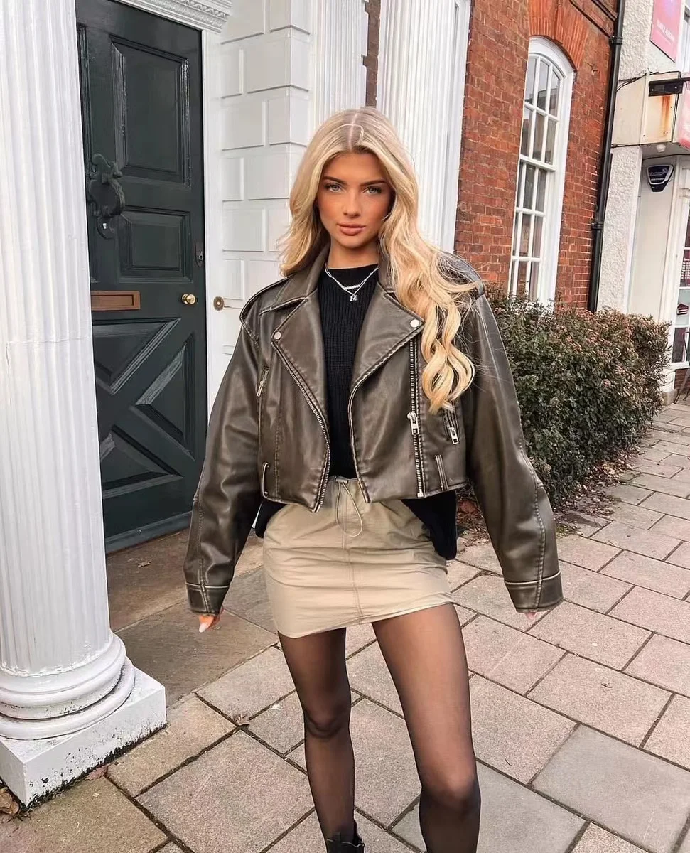 

Pu Leather Vintage European Style Lapel Long Sleeve Women's Jacket Street Style Advanced Short Slim-Fit Jacket Winter Clothes