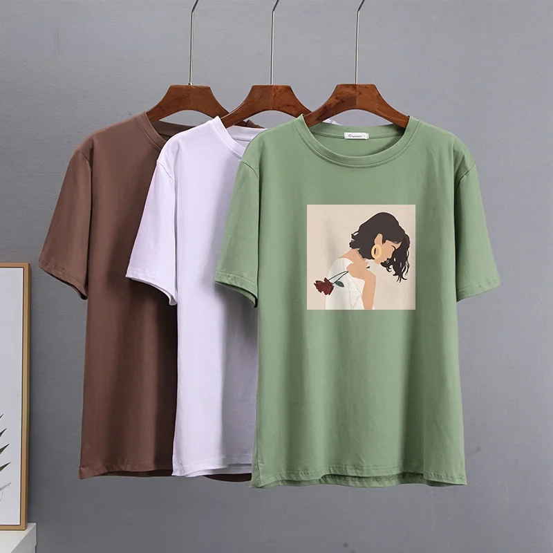 

Dinboa-2022 Chic Cartoon Graphic Printed t Shirt Women Summer Loose Casual Woman Clothing Elegant Harajuku Cotton Female Tops