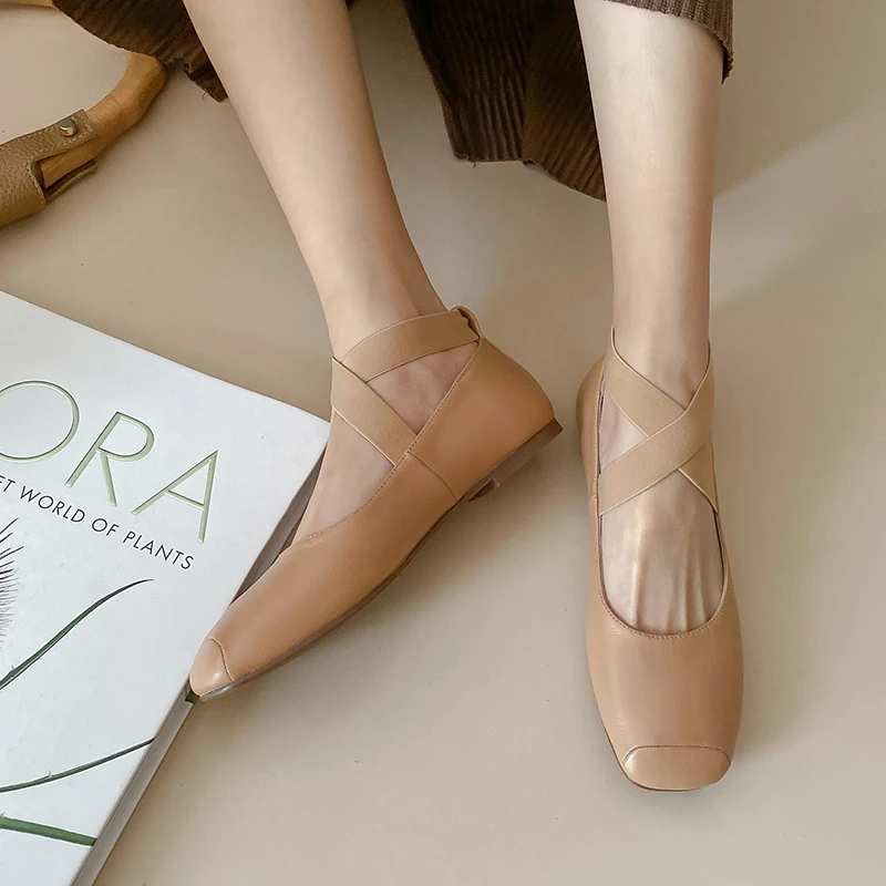 2022 Spring Women Ballet Flats Soft Leather Daily Flat Shoes Comfortable Low Heeled Outwear Woman Casual Shoes With Square Toe