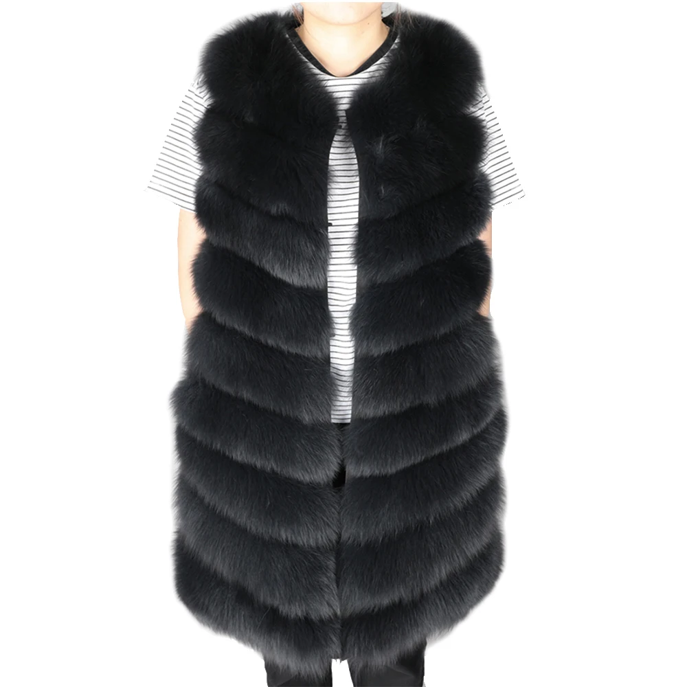Bust 140cm Women Real Fox Fur Vest Long Fashion Luxury Coat Female Genuine Fur Jacket Warm Lady Gilet