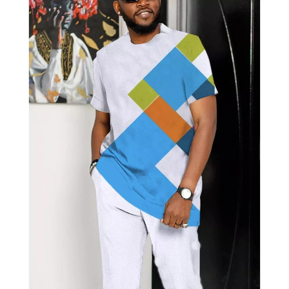 2023 New Summer Men's 3D African Striped Printed Tracksuit 2-piece Street Men's O-neck Clothing Jogger Pants Large Size Suit