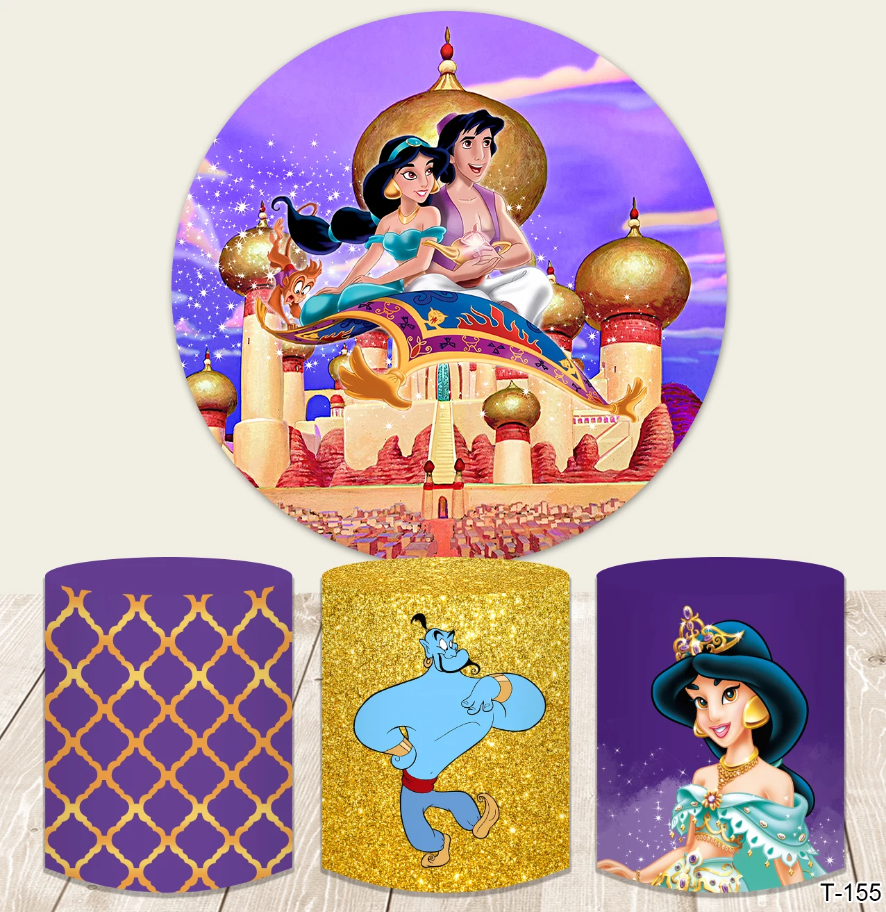 

Aladdin Princess Jasmine Round Backdrop Cover Gold Glitter Purple Turquoise Girls Birthday Party Circle Backgrounds Table Covers