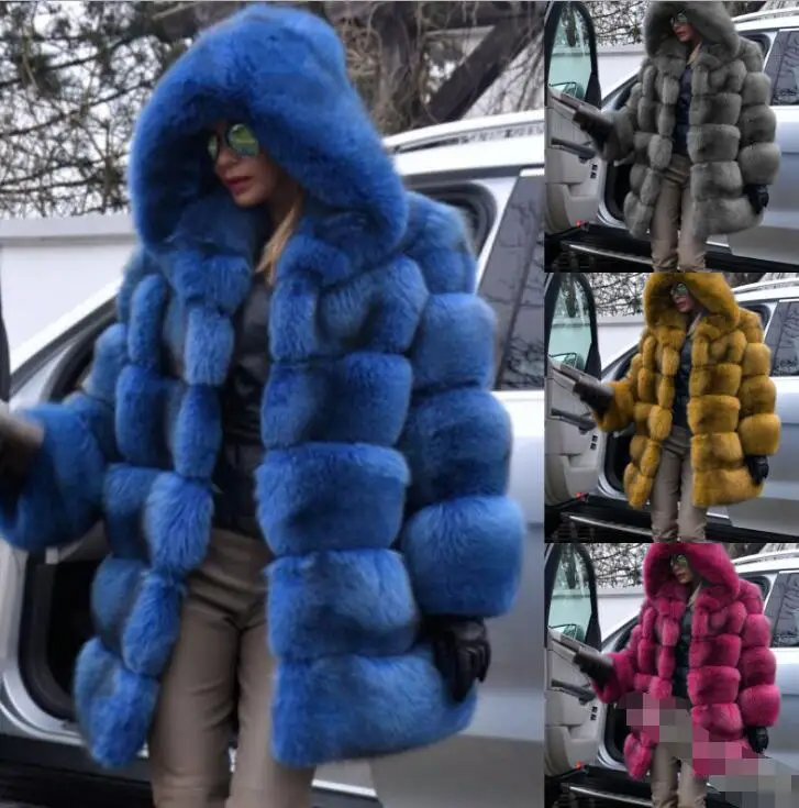 Women Loose Long High Qulilty Luxury Fake Fur Coat Fox Fur Jacket with Big Fur Hood Full Sleeve Winter Fashion Warm Thick Fur