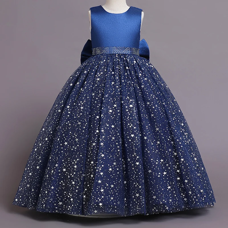 

C290 Pink Printing Children's Dress Girls' Princess Girl Wedding Little Summer Sequin Bubble Sleeve Long Mesh Flower Gift
