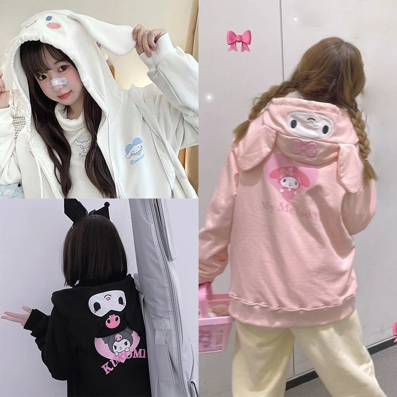 

Sanrios Sweatshirt Kawaii My Melody Kuromi Cinnamoroll Cute Cartoon Girl Plush Coat Autumn Winter Cotton Hooded Cardigan Gift