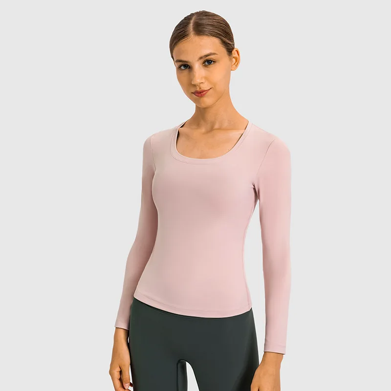 Women's Yoga Long-sleeved Slimming Breathable Solid Color Round Neck Running Training Sports T-shirt Ladies Gym Workout Blouses