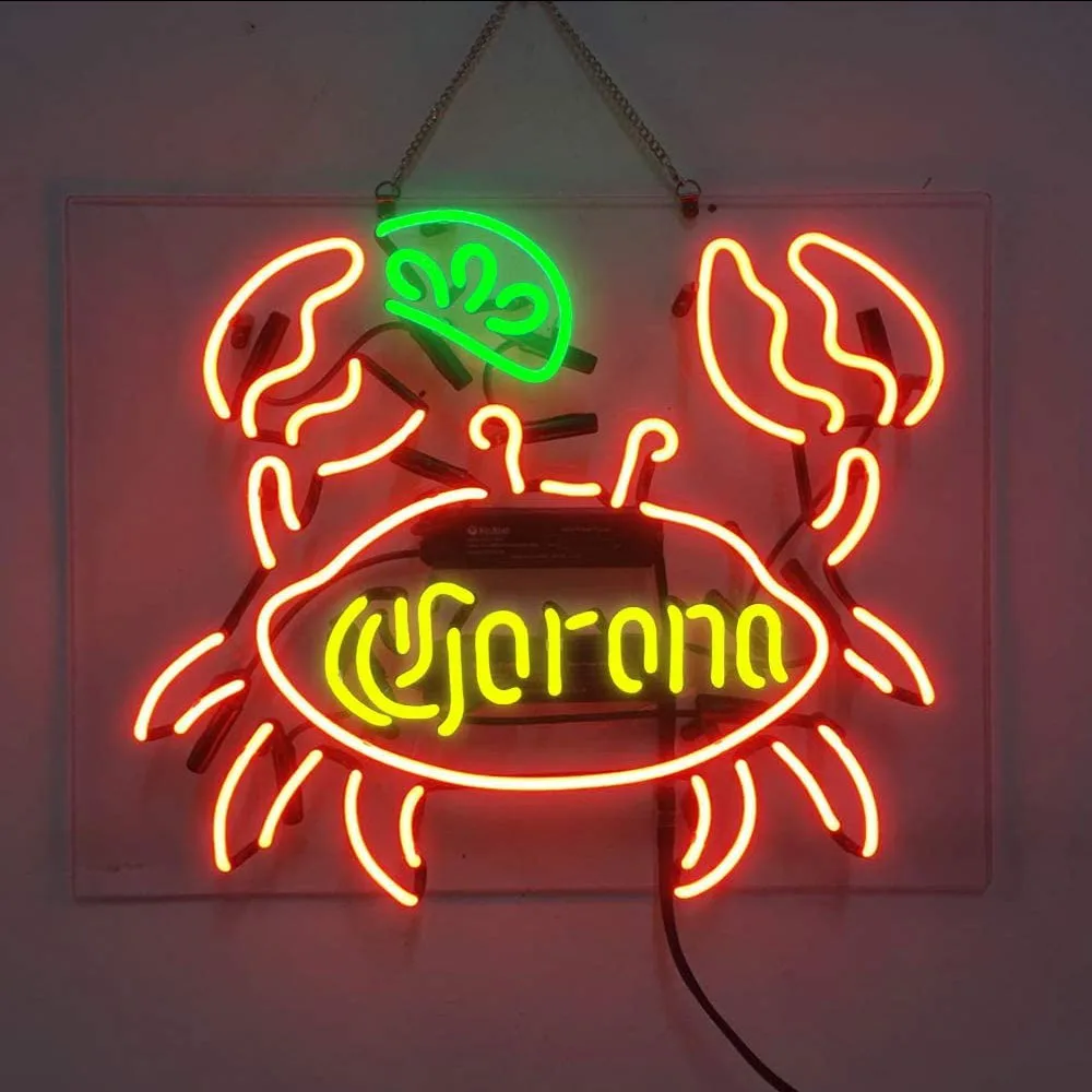 Crab Corona Beer Sea Food Neon Light Sign Handmade Real Glass Tube Bar Store Restaurant Advertise Room Decor Display Lamp 19X15"