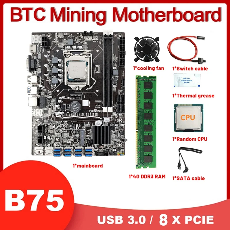 

AU42 -B75 USB BTC Miner Motherboard+CPU+4G DDR3 RAM+Fan+Thermal Grease+Switch Cable+SATA Cable 8USB3.0 LGA1155 DDR3 Slot MSATA