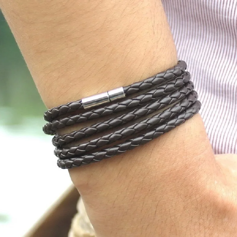 Mens Long Leather Bracelet Vintage Black Links 5 Circles Mens Ladies Bracelet Punk Couple Bracelet Charm Leather Bracelet