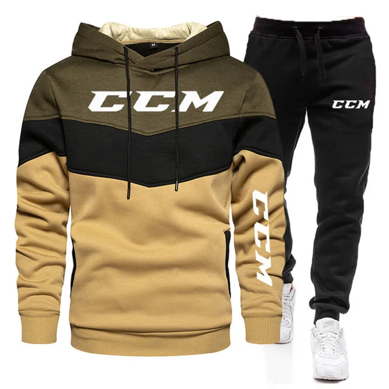 

Men's hooded sweatshirt and pants, zippered and CCM printed warm sportswear set, autumn warm clothing