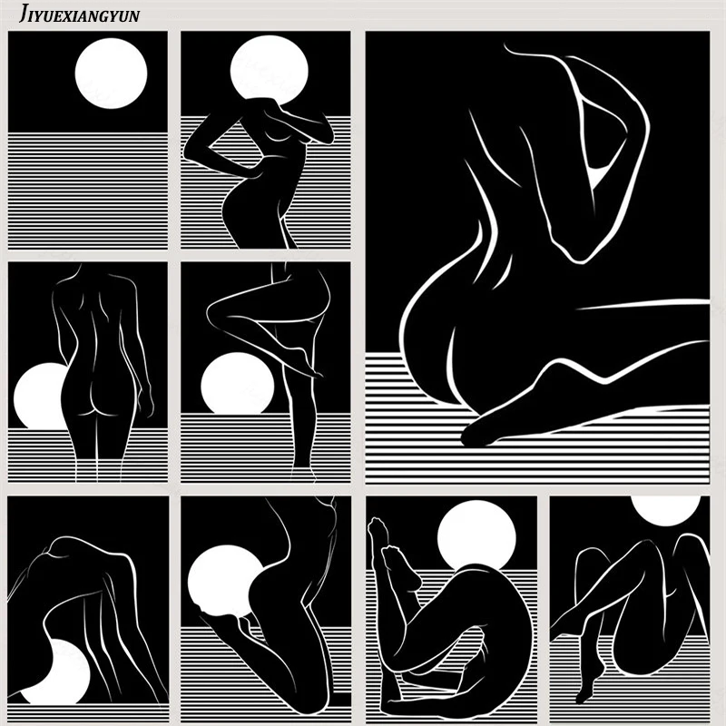 

Современные черно-белые плакаты, линия, сексуальная женщина, луна, Обнаженная, боди-арт, холст, живопись, скандинавские картины и принты для ...