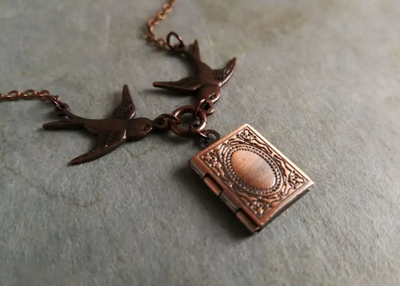 

Two Birds Locket Necklace. Book Locket. Copper Locket Necklace. Miniature Book