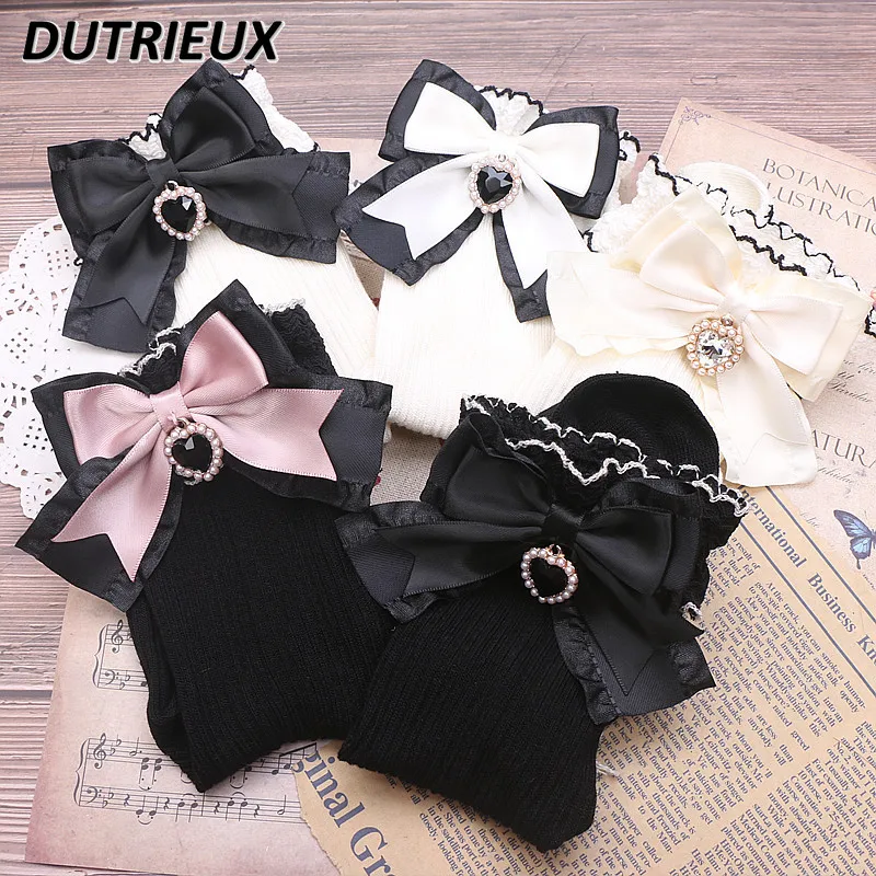 

Japanese Style Sweet Cute Mine Bow Black White Sock Love Pendant Pure Cotton Socks Women's Autumn Winter Kawaii Designer Socks