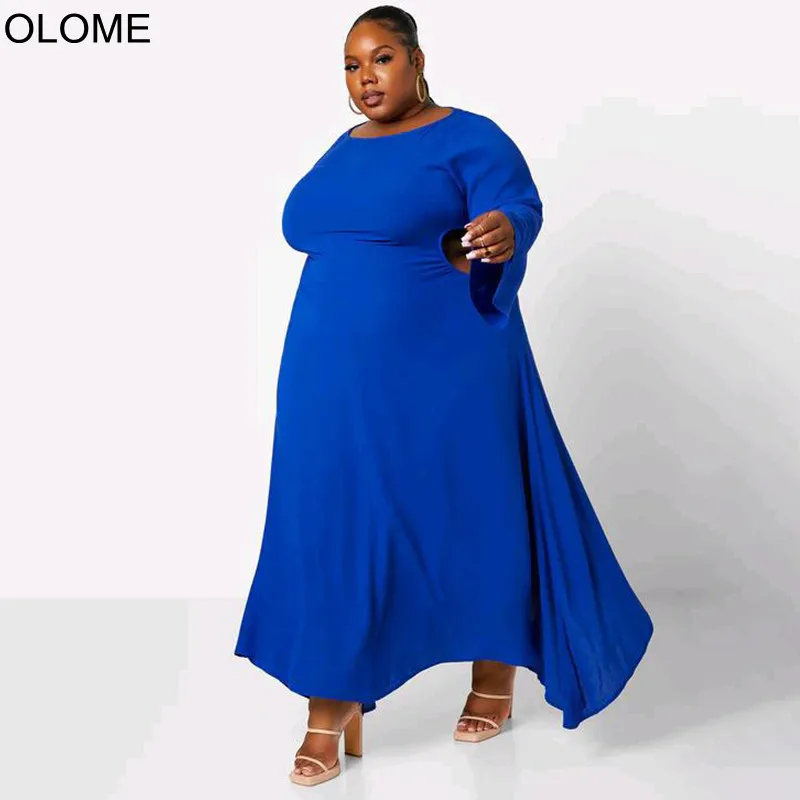 

Elegant Royal Blue Casual Dress O Neck Full Sleeve Hollow Out Waist Side Split Loose Leisure Long Dresses Autumn Winter Wear