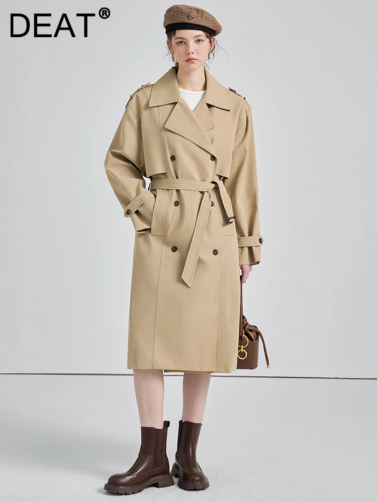 

Женский двубортный Тренч DEAT, ветровка составного кроя с поясом, отложным воротником и длинными рукавами, осень 2023