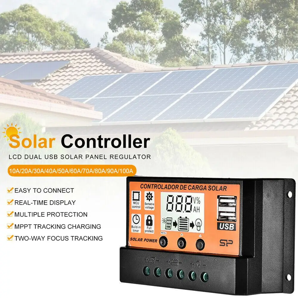 

Auto Solar Charge Controller 100A/50A/40A/30A/20A/10A 12V 24V MPPT/PWM Controllers LCD Dual USB Output Solar Panel PV Regulator