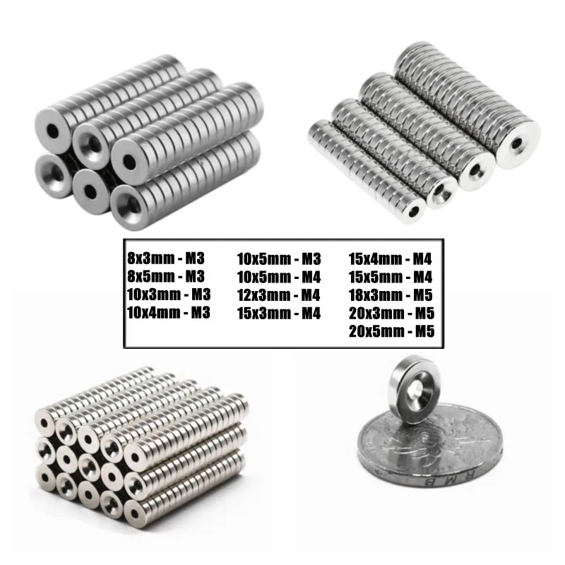 10PCS Strong Neodymium Magnets with Hole Dia 8mm-20mm With M3 M4 M5 Countersunk Ring Hole Rare Earth Round N35 Magnet Strong
