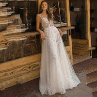 sexy a line deep v neck 2022 wedding dress elegant sleeveless lace appliques bridal gown illusion tulle bow train robe de mari%c3%a9e