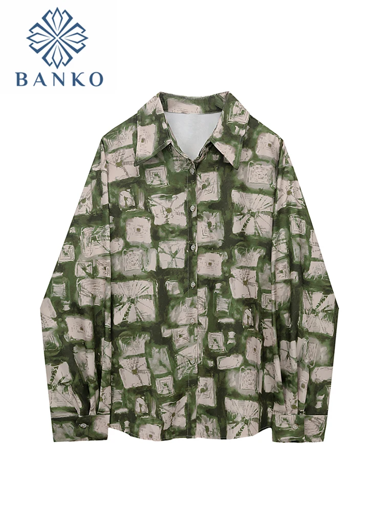 Women Blouse Long Sleeve Retro Print Oversize Shirts Office Ladies Polo Neck Top Femme Fashion All-Match Blusa Mujer Spring Fall
