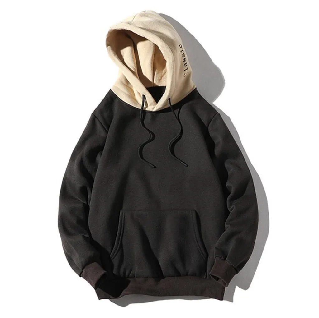 

Classic Men's Black Hoodie Pullover Patchwork Hooded Long Sleeve Sweatshirts Tops