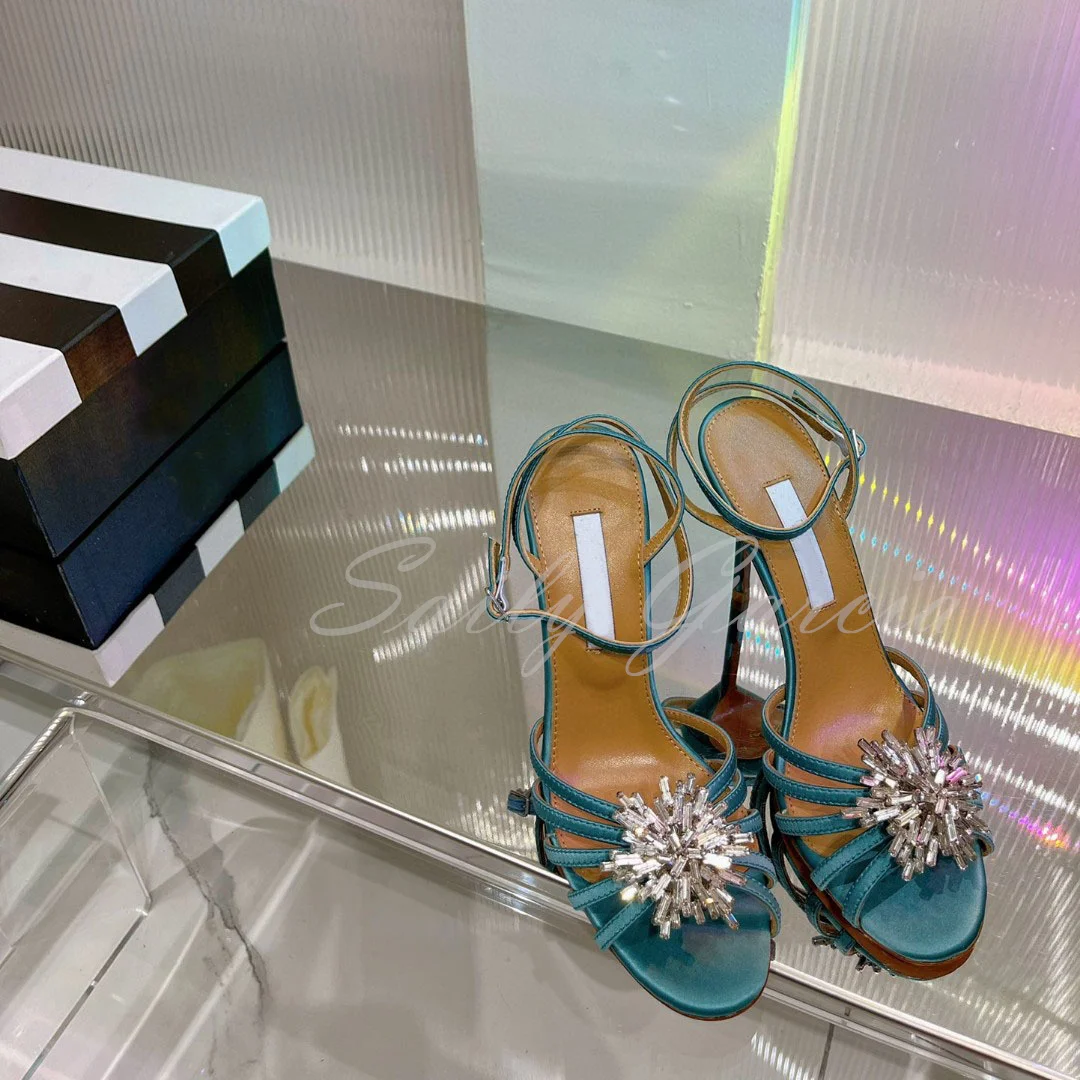 Snowflake Rhinestone High Heel Sandals Women Round Toe Thin Strip Hollowed Out Buckle Strap Sexy Stiletto Pumps