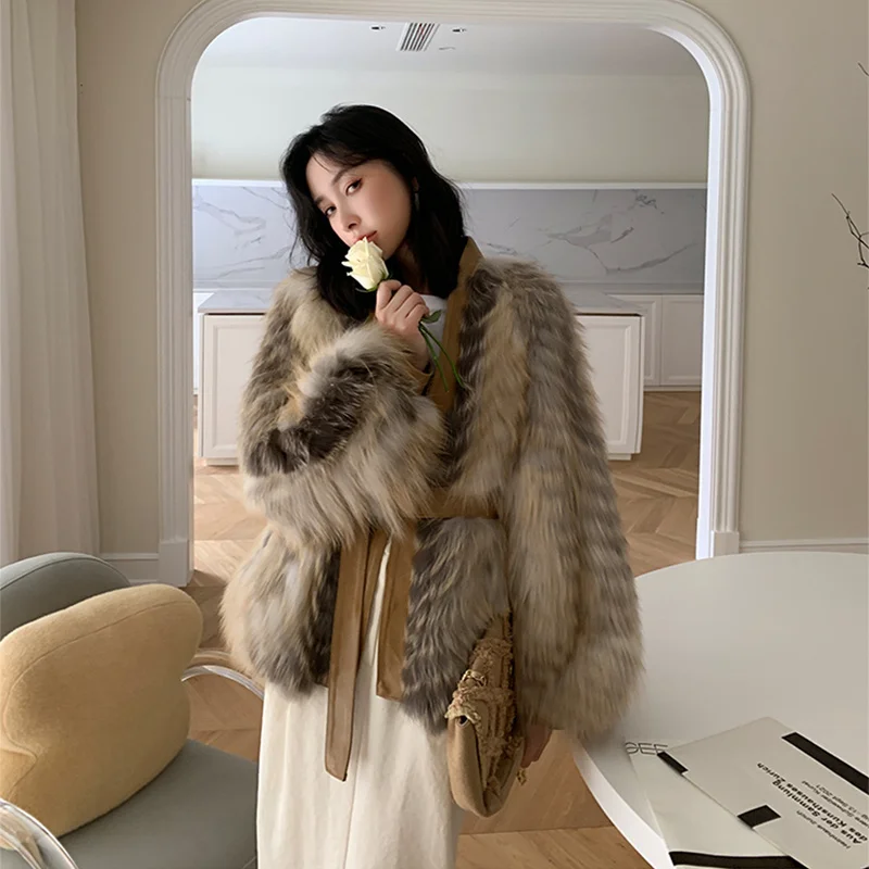 

Fox Fur Women's Winter Coats 2022 Autumn Winter Casual Short Lantern Sleeve Belt Slim Rare Brown Golden Island Fox Fur Jackets