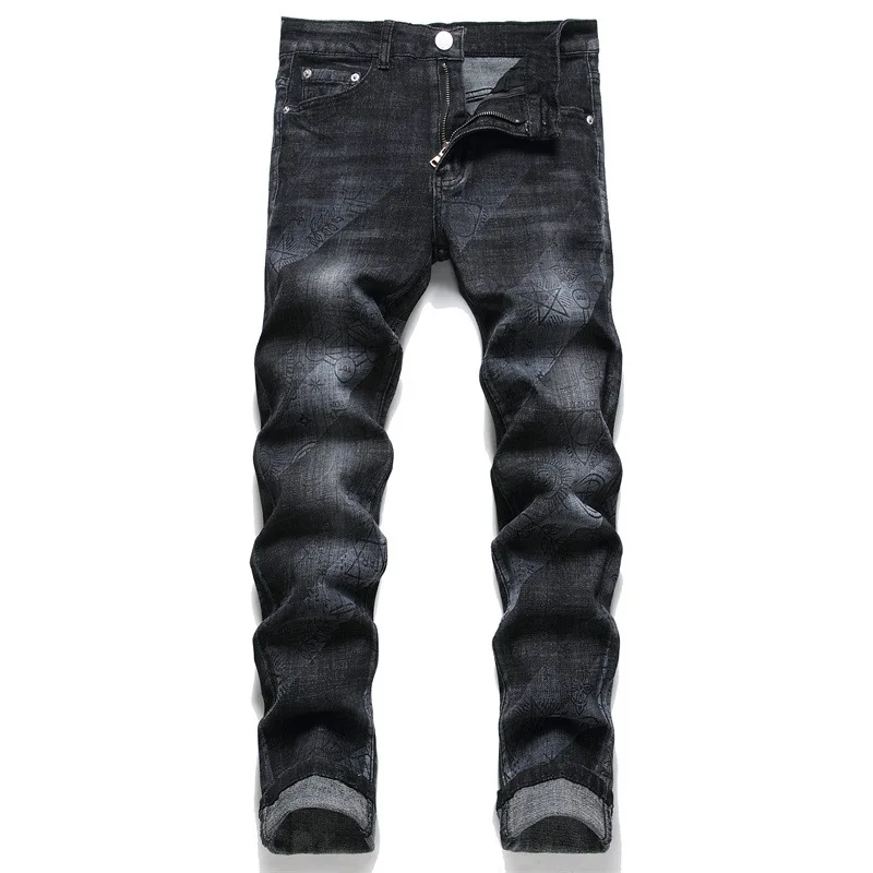 

Men's fashion jeans streetwear calca rock motorcycle riding printed slim jeans