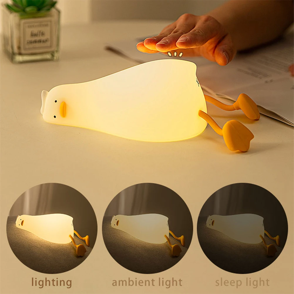 LED Night Light Touch Sensor Cartoon Lie Flat Duck Silicone Lamp Rechargeable Duck Nightlight Patting Lamp Bedroom Decoration