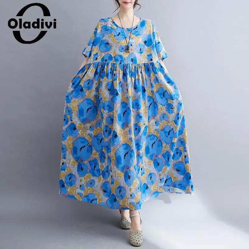 

Oladivi Fashion Floral Print Women Bohemian Beach Dress 2023 Summer New Short Sleeve Long Dresses Ladies Oversized Clothing 9272
