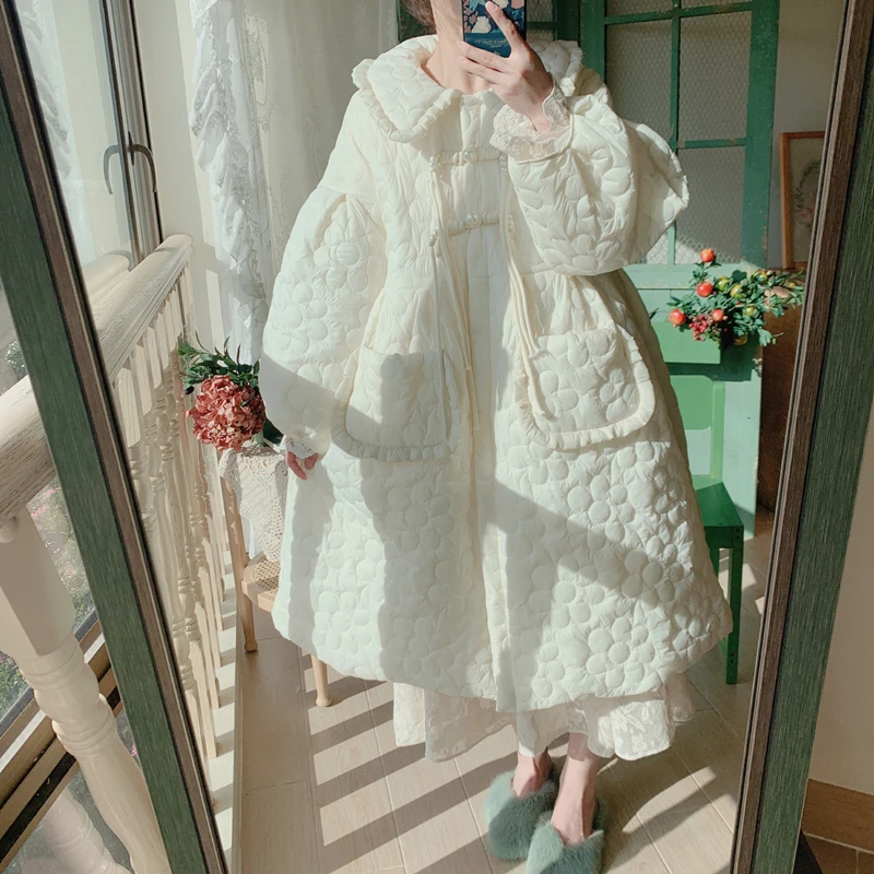 

2022 Women's New Winter Dress Japanese Sweet Doll Neck Lantern Sleeve Long Loose Doll Cotton Coat