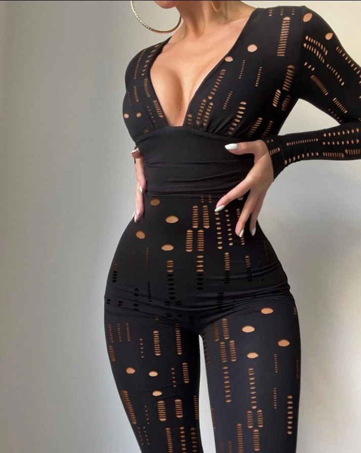 

Women's Jumpsuit Sexy Hollow Out Deep V-Neck Plain Long Sleeve Skinny Long Night Out Jumpsuit 2022 Spring Latest Fashion