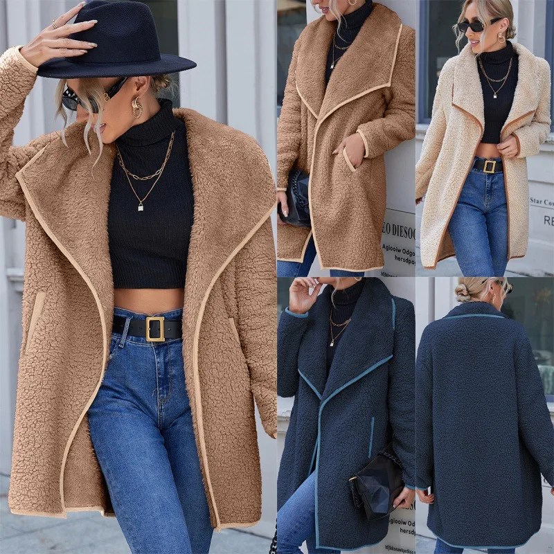

Mandylandy Teddy Coat Women Fluffy Jacket Fur Lamb Plush Thick Casual Solid Color Winter Faux Fur Coat Fleece Lapel Overcoat